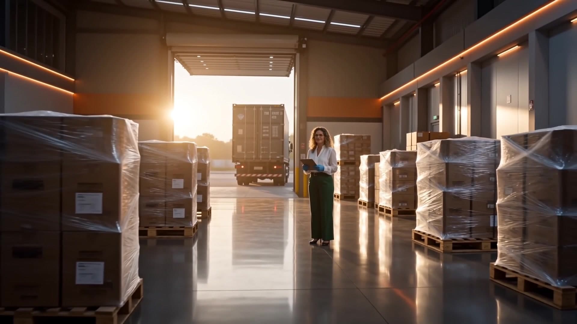 Food industry dispatch area ready for international shipping, container in the background
